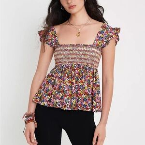 Urban Outfitters Charlotte Smocked Ruffle Babydoll Top
